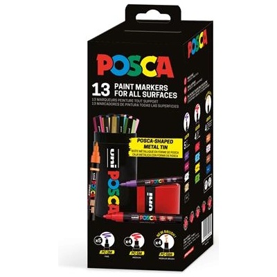uni Комплект декоративни маркери, Posca с метална кутия, UNI "Posca", 13 различни цвята