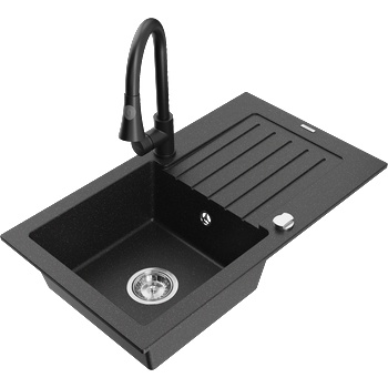Mexen Pablo гранитна кухненска мивка с 1 корито с дренаж и кухненски смесител Elia, черно/сребрист металик - 6510-73-670101-70 (6510-73-670101-70)
