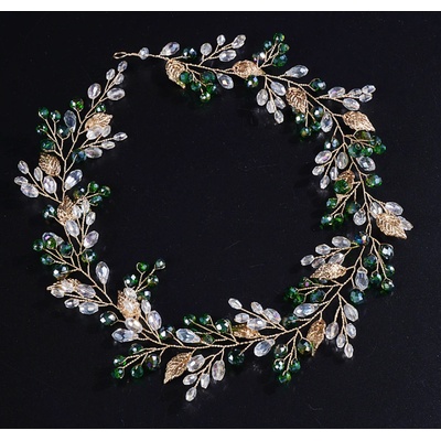 Naishide Jewelry Slavnostní čelenka do vlasů s barevnými kamínky a listy Druh barvy: Zelená