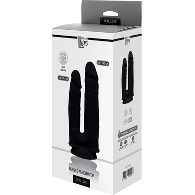 Dream Toys Real Love Double Penetrator Black termoaktívne silikónové dvojité dildo s prísavkou 19,5 x 4 cm