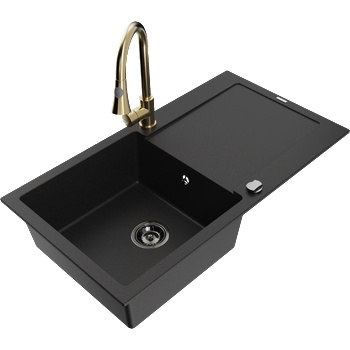 Mexen Leo гранитна мивка с една камера и отцедник и кухненски смесител Elia, черен - 6501-77-670101-50-B (6501-77-670101-50-B)