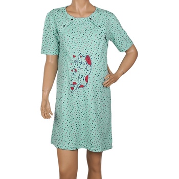 Image 1 of Нощница за кърмачки в зелено с коте и сърчица