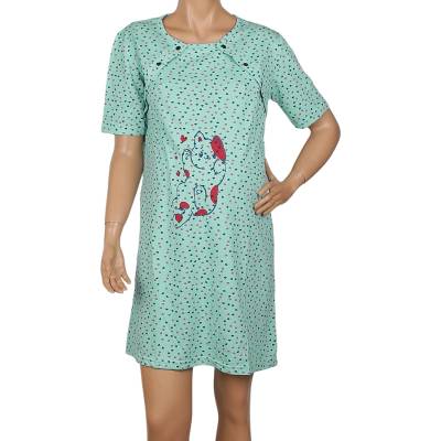 Нощница за кърмачки в зелено с коте и сърчица