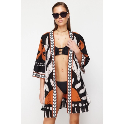 Trendyol etnický vzor opaskový mini-tkaný kimono a kaftan čierna šedá