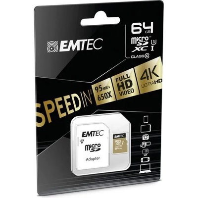 Карта памет, Emtec, MicroSDXC, 64 GB, UHS-I/U3/V30/A2, 100/95 MB/s, Адаптер, Черен/Златен (ECMSDM64GXC10SP) (ECMSDM64GXC10SP)