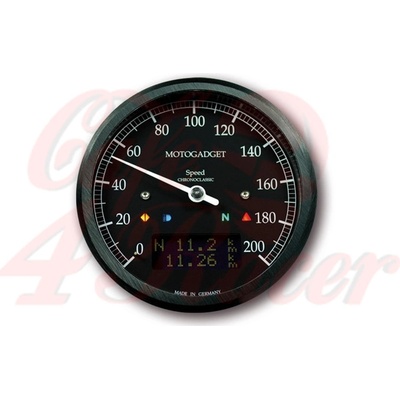 Motogadget Chronoclassic Tachometr 0-200 km/h, číselník a prstenec černý, černý LC displej