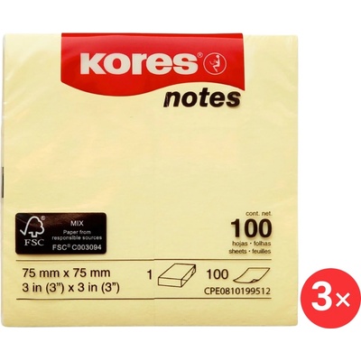 KORES 75 × 75 mm, 100 lístkov, žltý – balenie 3 ks