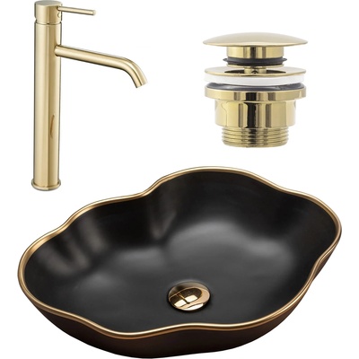Rea Комплект Умивалник за плот Rea Pearl black matt gold edge + Смесител за баня Lungo gold + Изпускателен клапан gold (KPL-10001)