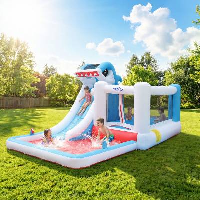 Shark XL воден надуваем замък 500x280x225cm с надуваем замък, пързалка с водна струя - синьо-бяло (63001B)