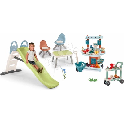 Smoby Set šmykľavka s dvojitou vlnou a zeleninový stánok s vozíkom Toboggan Life 200 cm s vodotryskom a stolík s dvoma stoličkami KidChair