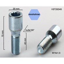 Kolový šroub M14x1,5x45 kužel s vnitřním mnohohranem, (VST20D45), průměr hlavy 20mm, výška 70