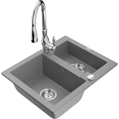 Mexen Carlos гранитна мивка с 1, 5 камери и кухненски смесител Savita, сив - 6518-71-672601-00 (6518-71-672601-00)
