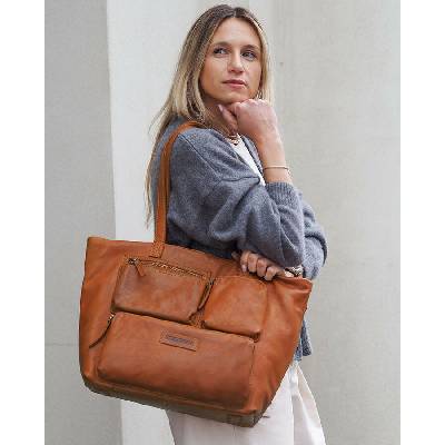 Mazzini Marco dámska kožená shopper kabelka s 5 vonkajšími vreckami a priehradkou camel vs133b