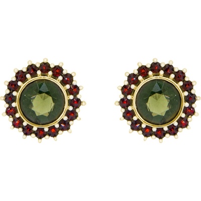 Český granát s vltavínem pozlacené stříbrné náušnice 131318Z