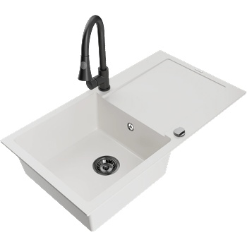 Mexen Leo гранитна мивка с 1 отделение с отцедник и кухненски смесител Elia, бял - 6501-20-670101-70 (6501-20-670101-70)