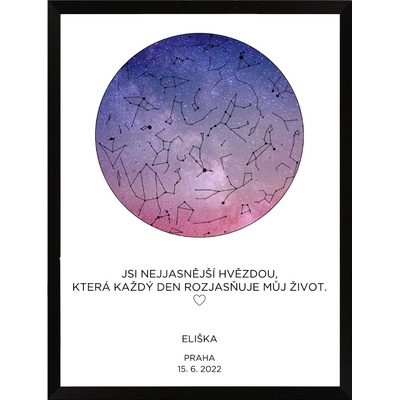Plakát s hvězdnou oblohou - fialovo bílý Rozměr plakátu: A3 (29,7 x 42 cm), Rámeček: Černý rámeček, Počet osob, Text: 1 osoba vlastní text