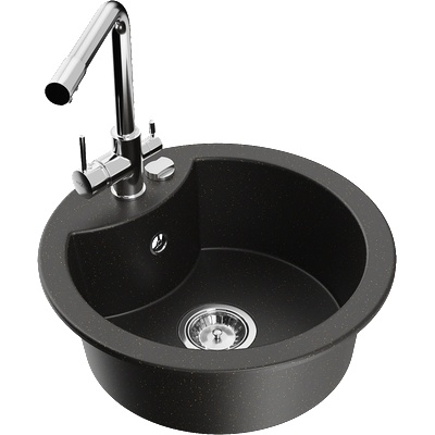 Mexen Diego гранитна кухненска мивка с 1 отделение с кухненски смесител Duero, черен/златен металик - 6512-75-671600-00 (6512-75-671600-00)