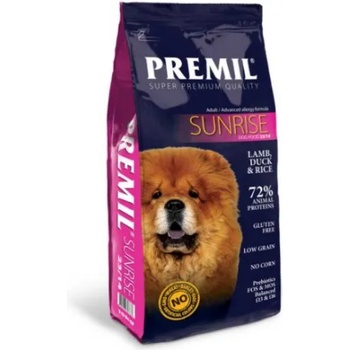 PREMIL Super Premium Sunrise - пълноценна храна за пораснали кучета от всички породи, склонни към хранителни алергии и проблеми с храносмилането, с пилешко и агнешко месо, 15 кг - Сърбия