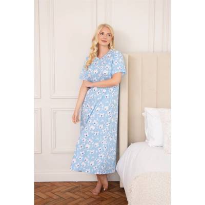 Camille Womens Organic Cotton Short Sleeve Nightdress - Blue White Fl