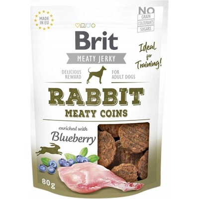 Brit Meaty Jerky Pamlsky pre psa Meaty Coins Králik + Čučoriedky 80 g