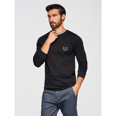 Ombre Clothing Мъжка памучна тениска с дълъг ръкав, U-образно райе деколте и бродерия Ombre Clothing Ombre Clothing | Cheren | МЪЖЕ | S