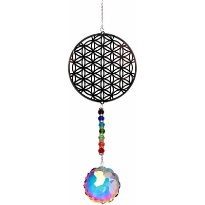 Nefertitis Květina života čakrový Feng Shui závěs do okna z kovu a duhového křišťálu NF42127 - délka cca 44 cm
