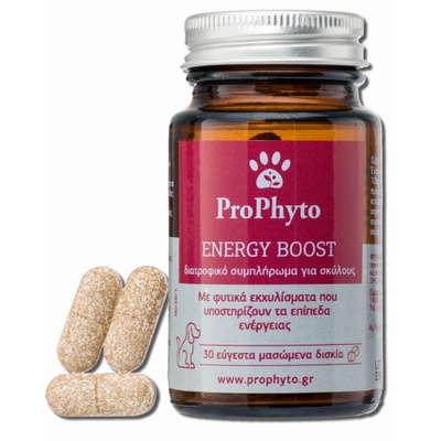 Prophyto ENERGY BOOST е допълваща храна с растителни екстракти за кучета, за подобряване на енергийните нива, борба с умората и подобряване на вниманието при пораснали кучета, 30 дъвчащи таблетки - Гърция - PFENER