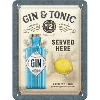 Plechová ceduľa Gin & Tonic - Served Here, 15 x 20 cm