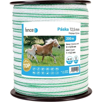 Páska pro elektrický ohradník 12,5 mm, bílo-zelená, 200 m, 0,5 Ω/m