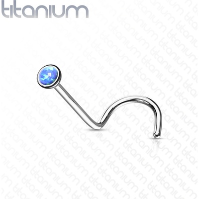Šperky eshop zahnutý piercing do nosu z titanu syntetický modrý opál v kulaté objímce W28.36