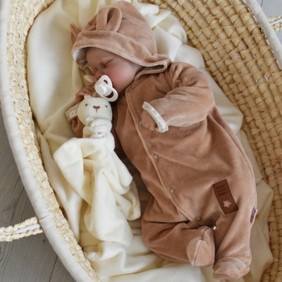 Baby Nellys Dvouvrstvý velurový overal s kapucí New Bunny hnědý – Zboží Dáma