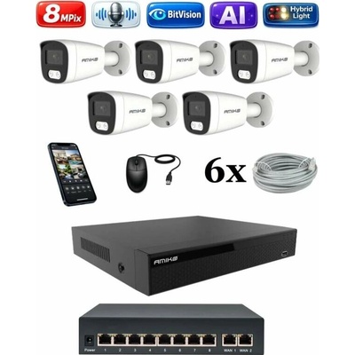 Amiko IP 5 kamerový set so switchom 4K Ultra HD 8Mpix Ai Dl Tube 1801K5V2
