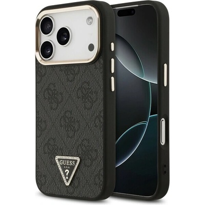 Guess PU Leather 4G Triangle Logo Gold Frame MagSafe Zadný Kryt pre iPhone 17 Pro Black