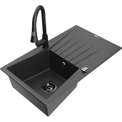 Mexen Cesar гранитна мивка с 1 отделение и сушилник и кухненски смесител Elia, черен на пръски - 6514-76-670101-70-B (6514-76-670101-70-B)