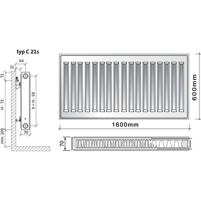 Purmo C21s 600 x 1600