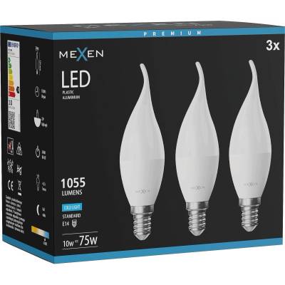 Mexen Nova 3x LED крушка пламък E14, C37, 10W, Студена - 6500K, 1055 lm - L106-E14-1065-01x03 (L106-E14-1065-01x03)