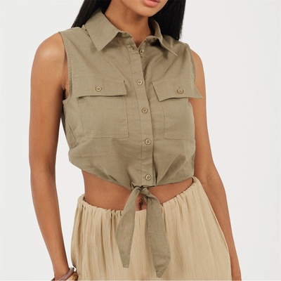 Brave Soul Womens Sleeveless Collared Top with Tie Detail - Khaki
