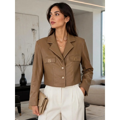 Dámská koženková cropped bunda camel