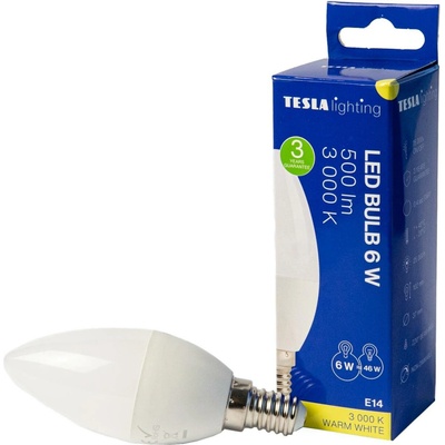 Tesla LED žárovka CANDLE svíčka, E14, 6W, 230V, 500lm, 25 000h, 3000K teplá bílá, 220st CL140630-1