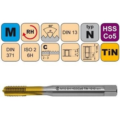 NÁSTROJE CZ Závitník strojní M5x0,8 ISO2 HSSCo5 TiN DIN 371 C - 1010 - CZZ1010-M5-ISO2