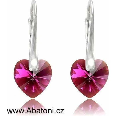 Swarovski Elements Heart krystal stříbrné náušnice visací růžové srdce srdíčka 31012.4 růžová tmavá fuchsiová