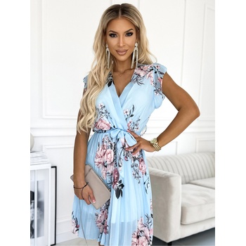 Numoco Плисирана рокля с деколте и ревери на раменете - светлосиня със светли рози Numoco numoco | Sin | ЖЕНИ | ONE SIZE