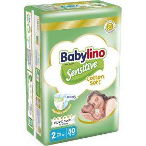 Babylino Бебешки пелени Babylino - Sensitive, Cotton Soft, VP, размер 2, 3-6 kg, 50 броя (826201) - ozone
