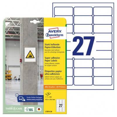 Etikety univerzálne 63,5x29,6mm Avery A4, silne lepivé 20 hárkov