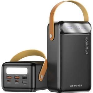 Awei PA-82 аварийно зарядно устройство с 3 USB и 2 Type-C порта, 60 000 mAh, LED фенерче, ЧЕРНО (PA-82)