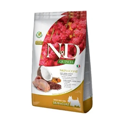 Farmina N&D Quinoa Skin & Coat - Пълноценна суха храна за здрава кожа и козина за израснали кучета от малко и мини породи, с херина, кокос, ниоа и куркума, 7кг