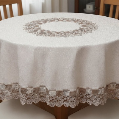 Покривка за кръгла маса в цвят екрю с брюкселска дантела