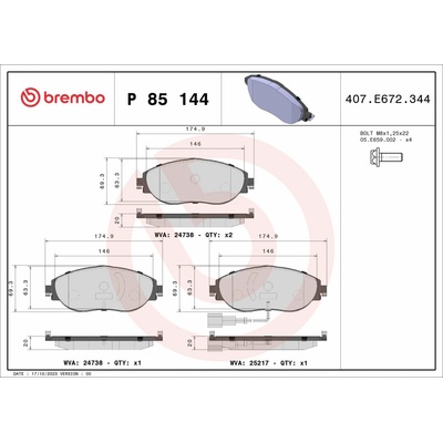 BREMBO Súprava brzdových doštičiek P 85 144X