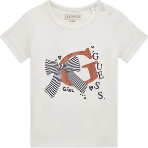 GUESS Бяла тениска за бебе момиче с блестящо G, надписи и детайли Guess