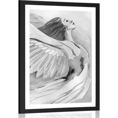 Plakát s paspartou svobodný anděl v černobílém provedení - 40x60 silver